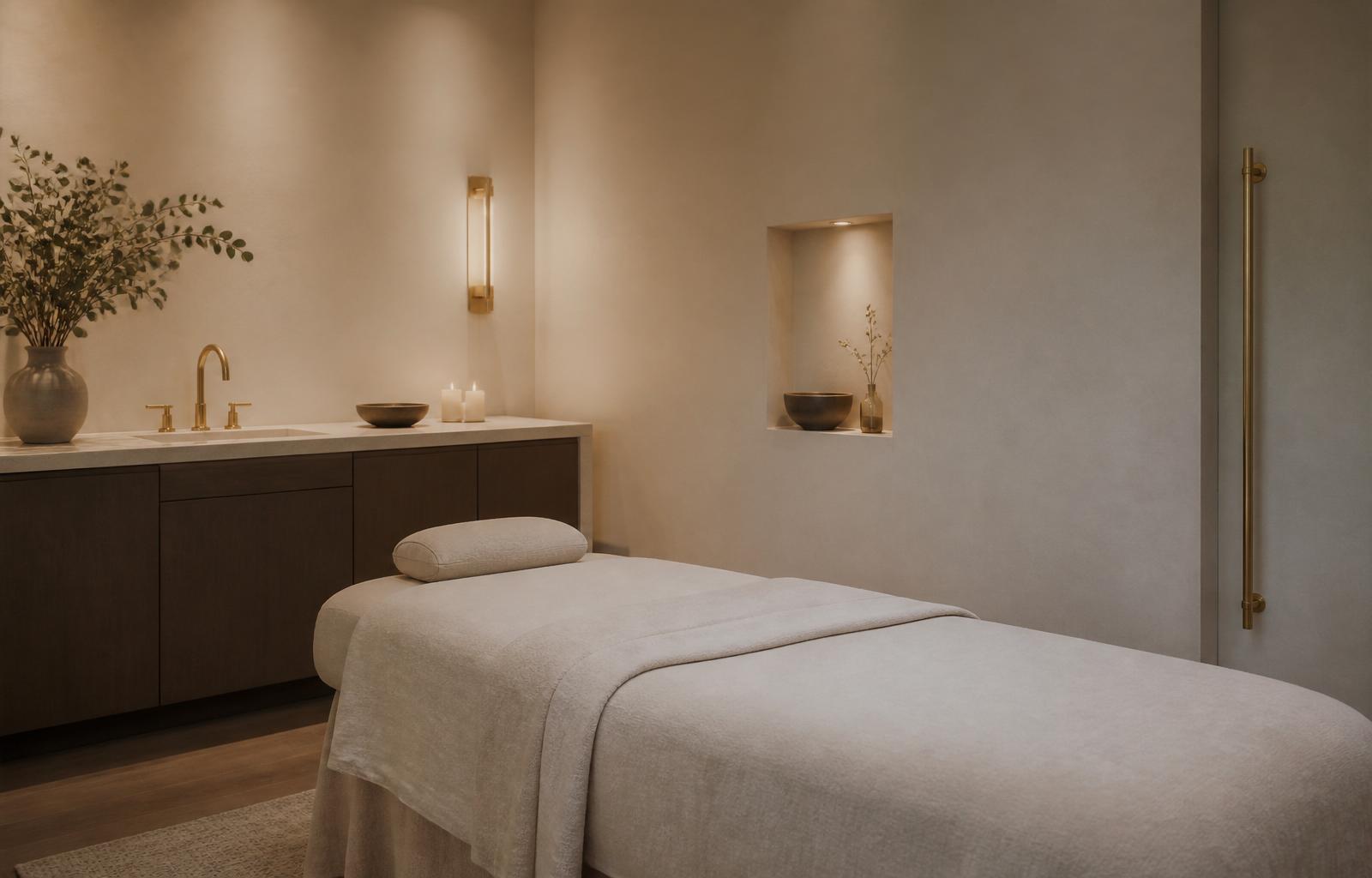 Lugnt behandlingsrum med varma toner och mässingsdetaljer hos SI Beauty