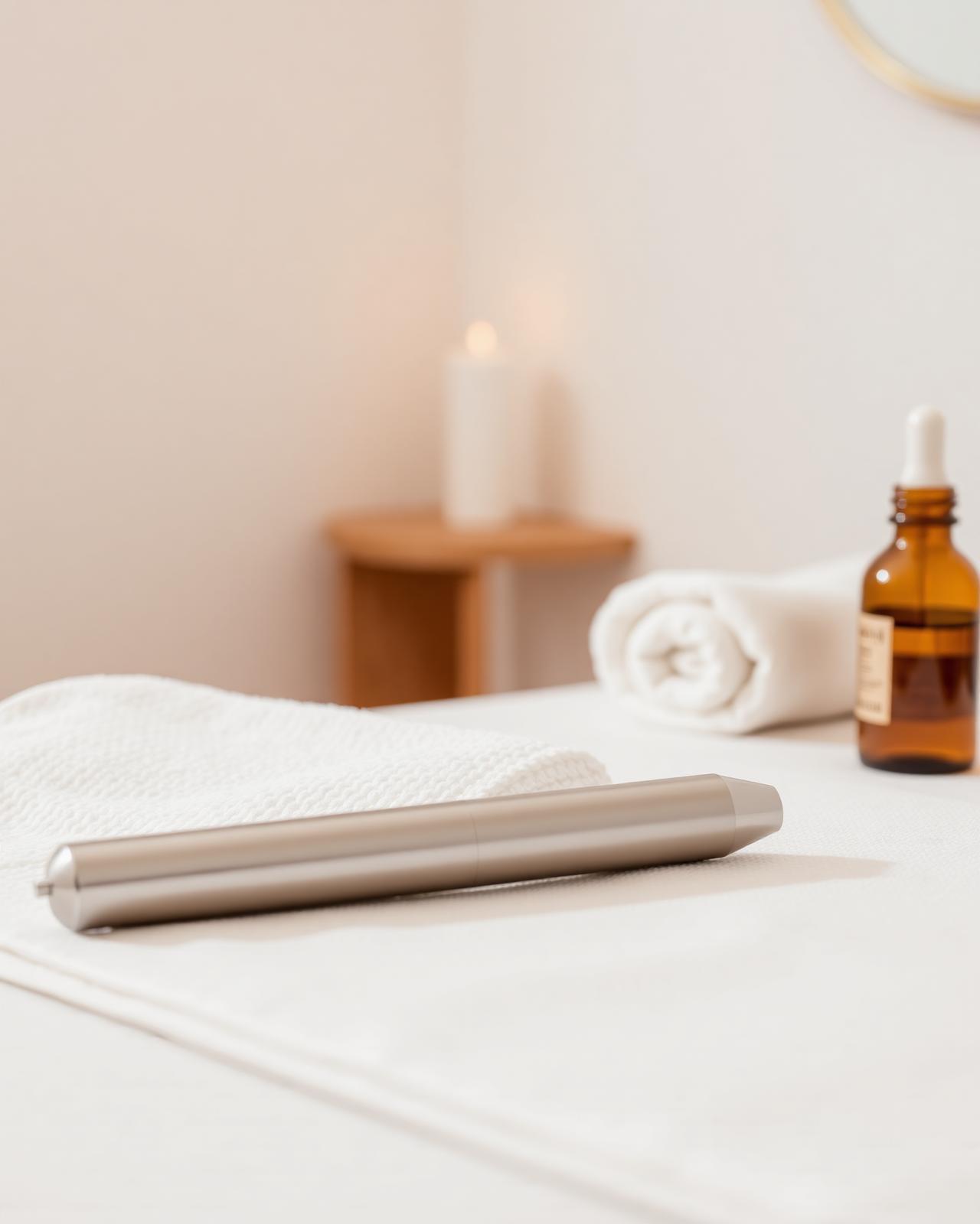 Dermapen-penna på behandlingsbädd i premium hudvårdsstudio